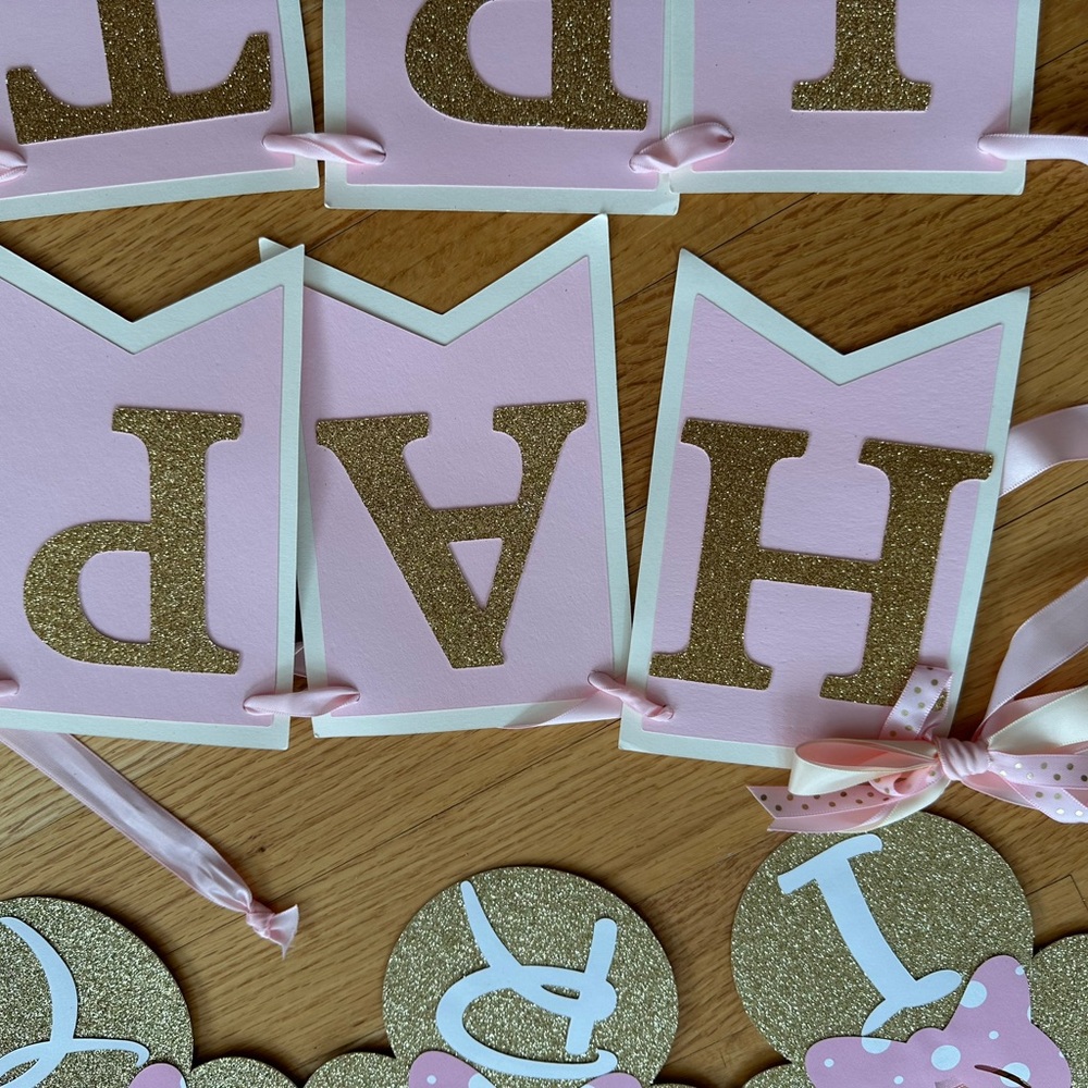 TWO Happy 1st Birthday Banners + month pic banner Minnie pink gold - Picture 6 of 7